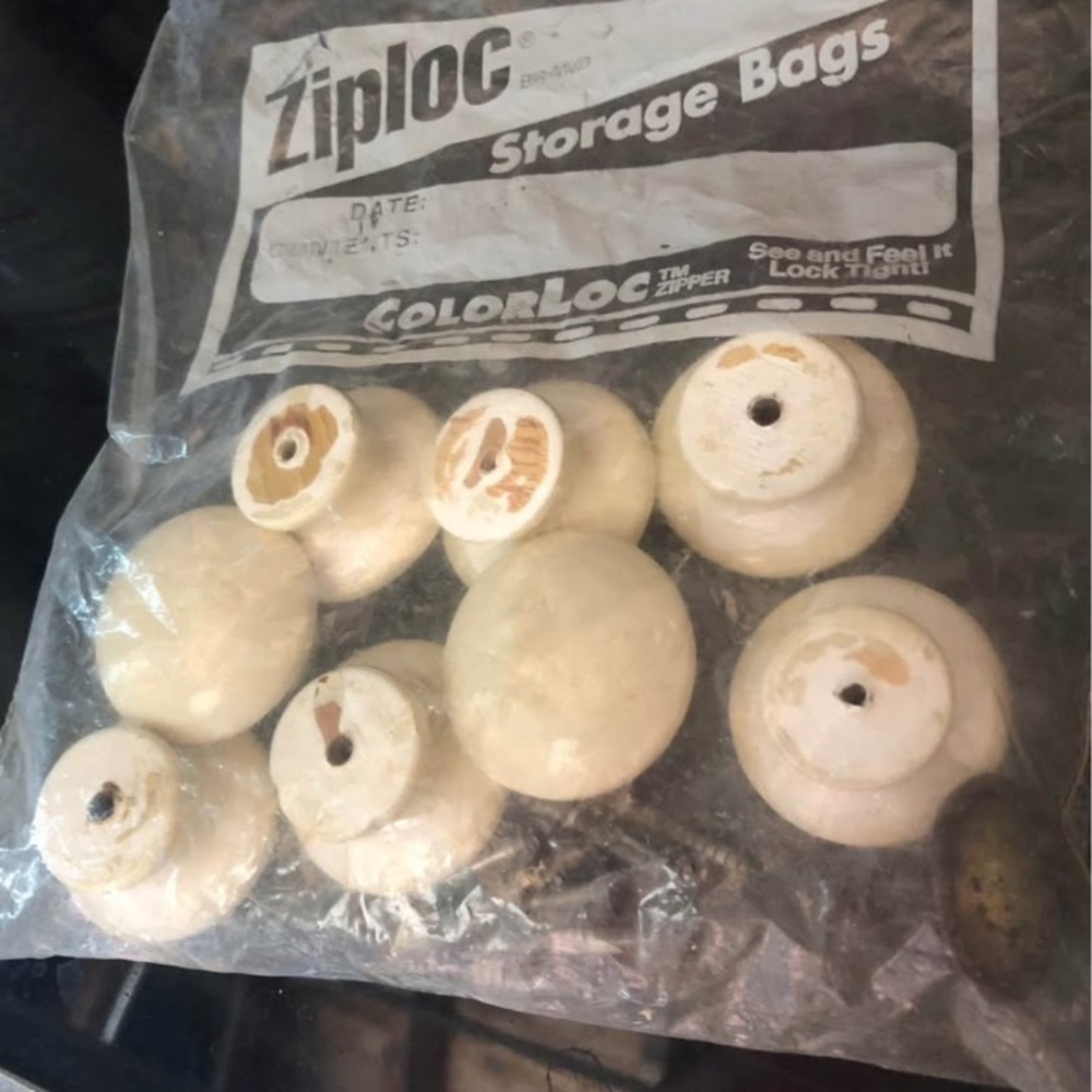 Ziploc Bag of Vintage antique White wooden Drawer Knobs 8